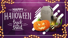 Happy Halloween, Trick Or Treat, Purple Greeting Postcard With Polygonal Texture On The Background And Tombstone And Pumpkin Jack