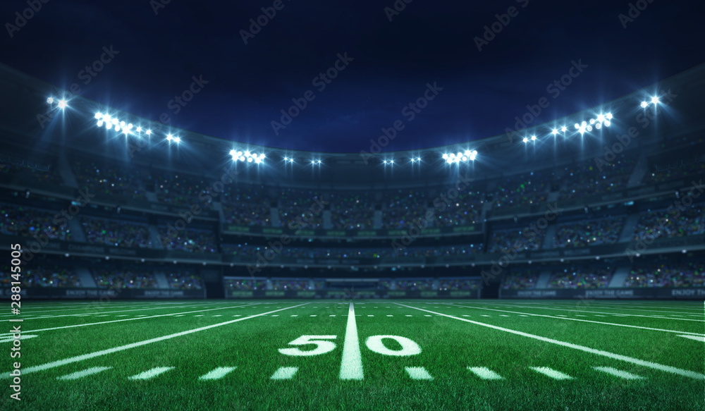 American football league stadium with white lines and fans, illuminated field side view at night, sport building 3D professional background illustration - obrazy, fototapety, plakaty 