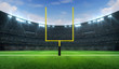 American football league stadium with yellow goalpost front and fans, frontal field view, sport building 3D professional background illustration