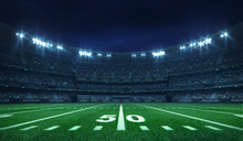 American Football League Stadium With White Lines And Fans, Illuminated Field Side View At Night, Sport Building 3D Professional Background Illustration