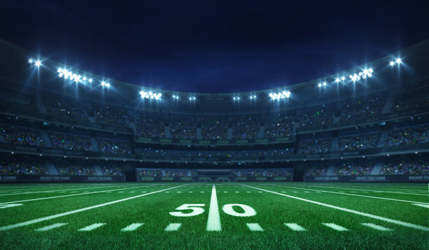 Wall Mural -  - American football league stadium with white lines and fans, illuminated field side view at night, sport building 3D professional background illustration
