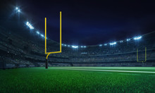 American Football League Stadium With Yellow Goalposts And Fans, Illuminated Field View At Night, Sport Building 3D Professional Background Illustration