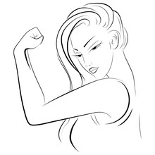 Strong Girl In Eyeglasses. Classical American Symbol Of Female Power, Woman Rights, Protest, Feminism.Black And White Illustration.