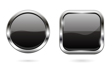 Black glass buttons. 3d shiny round and square icons