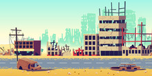 Destruction In War Zone, Natural Disaster Or Cataclysm Consequences, Post-apocalyptic World Cartoon Vector Concept. City Ruins With Destroyed, Abandoned Buildings, Burned Cars On Streets Illustration