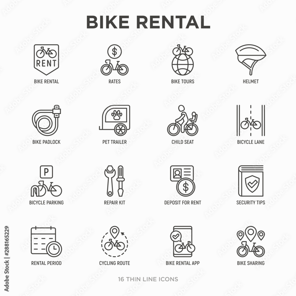 Bike rental thin line icon: rates, bicycle tours, pet trailer, padlock ...