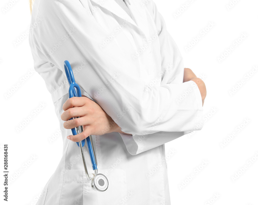 Female doctor with stethoscope on white background, closeup