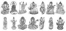 Set Of Gods For Indian Festival, Goddess Durga, Lord Rama And Hanuman. Lord Ganpati Or Ganesha, Shiva And Lakshmi His Wife. Lord Vishnu,  Saraswati, Devi Parvati  And Lord Murugan, Kali. Vector.