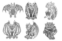 Set Of Gargoyle In Sitting Aggressive Position To Attack.  Human And Dragon Bat Like Demon Chimera Fantastic Beast Creature With Horns Fangs And Claws. Hand Drawn Gothic Guardians At Medieval. Vector