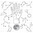 © desertsands - Fortune teller hand with Palmistry diagram hand drawn design. Vintage illustration for tattoo template. Palm reading magic spirituality zodiac constellations on sacred symbols background. Vector.