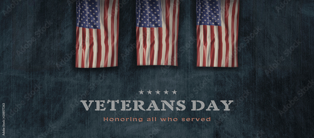 American National Holiday. US Flag background with American stars, stripes and national colors. Text: Veterans Day - obrazy, fototapety, plakaty 