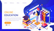 WebOnline education infographic or web template with a female student working at a digital screen surrounded by text books and a mortarboard hat for her graduation, vector illustration