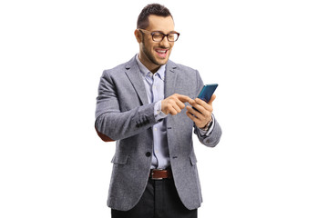 Wall Mural - Young elegant man typing on a smartphone