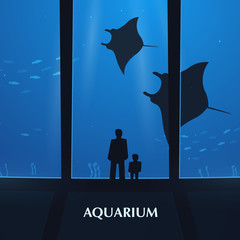 Big Aquarium or Oceanarium With crampfish. People with children watching the underwater world.