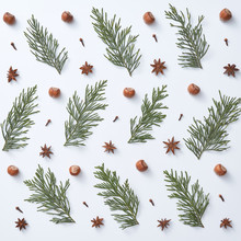 Natural Pattern Of Green Branches, Acorns, Anise Stars And Cloves Spices On A Gray Background. Christmas Card Concept. Flat Lay
