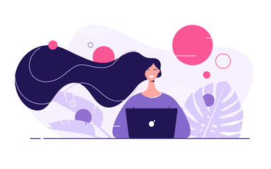 vector flat style illustration of a young beautiful woman with laptop surrounded by tropical leaves