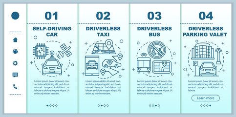 Driverless car industry onboarding mobile web pages vector template. Responsive smartphone website interface idea with linear illustrations. Webpage walkthrough step screens. Color concept