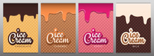 Set Of Ice Cream Banners With Wafer Background. Cafe Menu, Ice Cream Dessert Poster, Food Packaging Design.