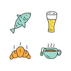 Sticker - Drinks with snacks doodle color icons set. Fish, beer glass, croissant and hot tea hand drawn isolated vector illustrations. Harmful and healthy beverages with appetizers. Delicious food, tasty meal