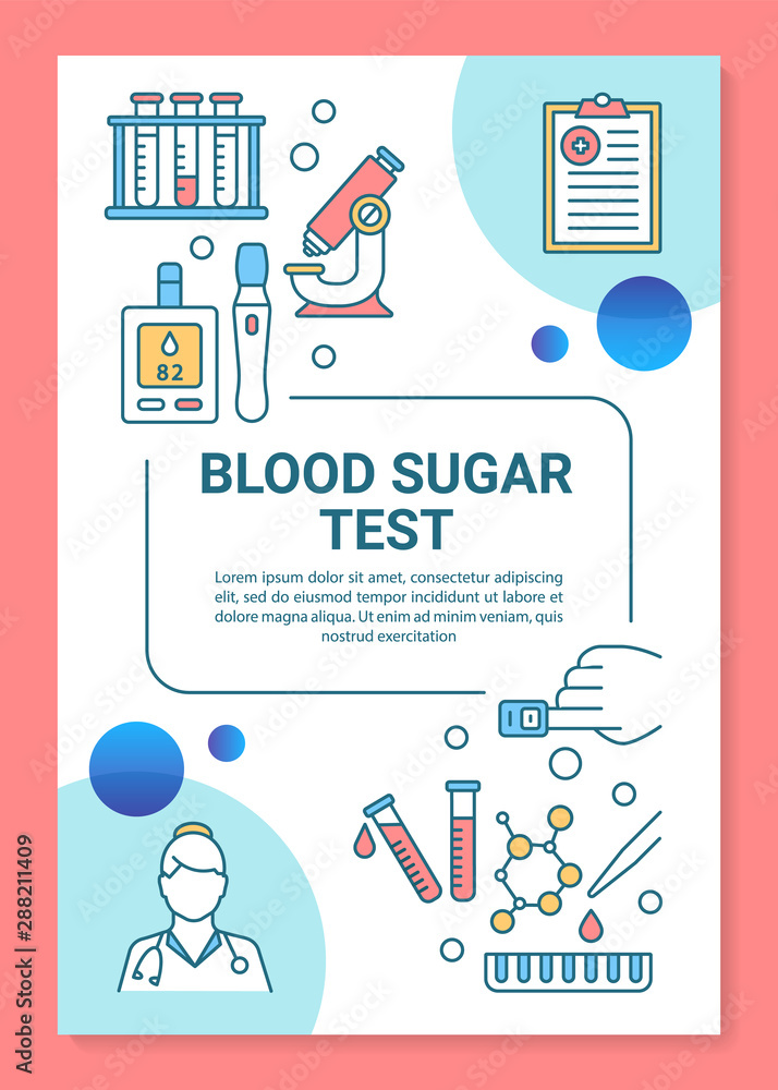 Blood sugar test brochure template layout. Diabetes prevention. Flyer, leaflet print design, linear illustrations. Vector page layouts for magazines, annual reports, advertising posters