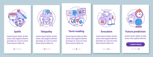 Magic services onboarding mobile app page screen with linear concepts. Telepathy, evocation, tarot reading walkthrough steps graphic instructions. UX, UI, GUI vector template with illustrations