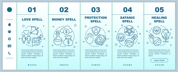 Spells onboarding mobile web pages vector template. Love, healing magic responsive smartphone website interface idea with linear illustrations. Webpage walkthrough step screens. Color concept