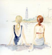 Watercolor Sketch Of Two Unrecognizable Girls Looking At Lighthouse