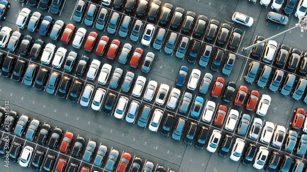 tight coloured car rows on parking area vertical upper view - obrazy, fototapety, plakaty 