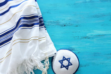 Religion Image Of Prayer Shawl - Tallit Jewish Religious Symbol. Rosh Hashanah (jewish New Year Holiday), Shabbat And Yom Kippur Concept.
