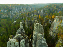 Remains Of Rock City In Adrspach Rocks, Part Of Adrspach-Teplice Landscape Park In Broumov Highlands Region Of Czech Republic. Aerial Photo.