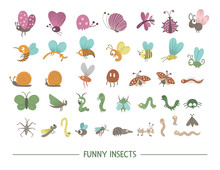 Set Of Vector Hand Drawn Flat Insects. Funny Bugs Collection. Cute Forest Illustration With Butterflies, Bees, Caterpillars For Children’s Design, Print, Stationery.