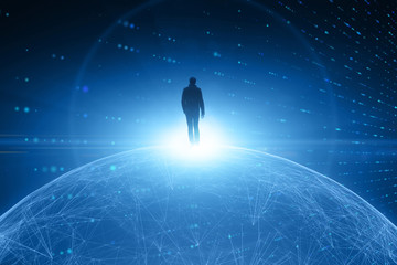 Man walks on shiny blue abstract digital cyberspace globe.