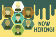 © Zofia - Text sign showing Now Hiring. Business photo showcasing finding evaluating working relationship with future employees Pictures frames chief executive and staff. Organization employees structure