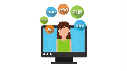programmer woman with desktop and icons animation