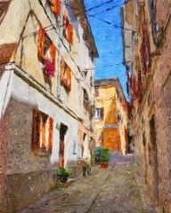 Wall Mural - Digital oil painting on canvas old european architecture view. Historical touristic place and buildings. Modern impressionism art. Artistic bush strokes artwork of europe travel. Postcard design print