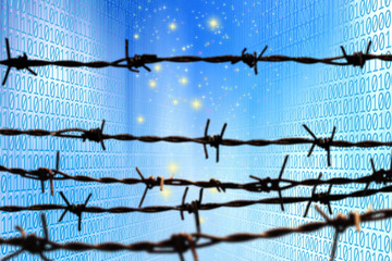 Wall Mural - conceptual internet security image of barbed wire fence over shiny binary code of one and zero