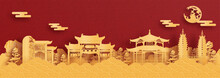 Panorama Postcard And Travel Poster Of World Famous Landmarks Of Kunming, China In Paper Cut Style Vector Illustration
