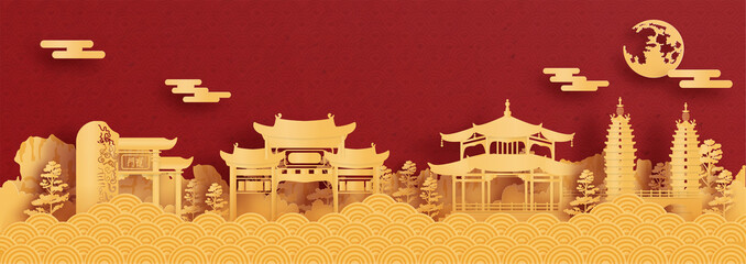 Fototapete - Panorama postcard and travel poster of world famous landmarks of Kunming, China in paper cut style vector illustration