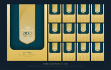 Islamic Calendar 2020 Hijri 1441-1442 Design Template. Simple Luxury Elegant Gold Wall And Desk Type. Artwork A5 Size With Islamic Pattern Template. Vector Illustration