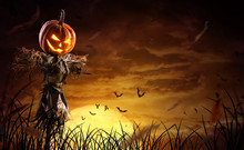 Halloween Pumpkin Scarecrow On A Wide Field With The Moon On A Scary Night