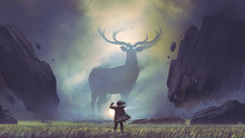 The Man With A Magic Lantern Facing The Giant Deer In A Mysterious Valley, Digital Art Style, Illustration Painting
