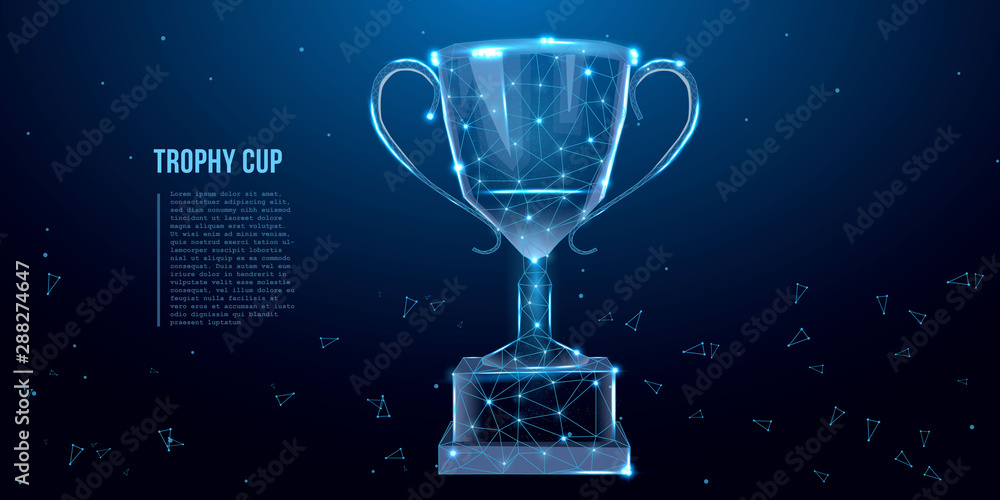 Trophy cup. Abstract image of a champion cup in the form of a starry sky or space, consisting of points, lines, and shapes in the form of stars. Low poly concept. Vector illustration. - obrazy, fototapety, plakaty 