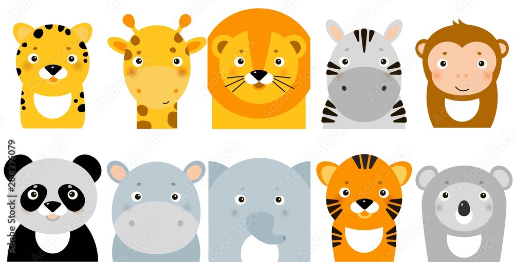 jungle animals icons, vector animals, safari animals, animal faces ...