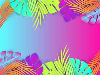 Colorful Tropical Paper Cut Exotic Tree Leaves with Gradient Colorful Background Hawaiian Jungle, Summertime Background for Designs Web Designs Banners