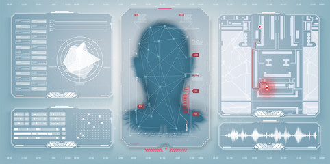 Aufkleber - Biometric Identification or Recognition System of Person. The facial recognition technology. Authentication by facial recognition concept. Biometric. Security system. Set HUD, GUI. Vector illustration