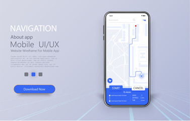 Fototapete - Smartphone with map and navigation pinpoint on screen. Online Mobile App UI, UX and GUI Screen. GPS navigation concept, Smartphone with city map. Vector illustration