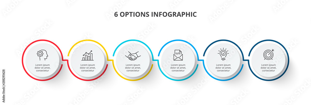Thin color lines with 6 white circles. Six circles infographic elements. Business template for presentation - obrazy, fototapety, plakaty 