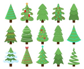 Wall Mural - Decorated xmas trees. New Years tree with heralds, striped christmas pine. 2020 winter holidays party green fir with garland decoration. Isolated vector illustration icons set