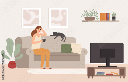 Young Woman Watch Tv Girl Lying On Couch With Coffee Mug And Watching Television Show Series Female Resting At Cozy Living Room After Work And Watch Movie Vector Illustration Buy This