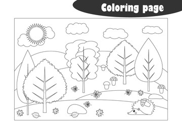 Wall Mural - Forest in cartoon style, autumn black white coloring page, education paper game for the development of children, kids preschool activity, printable worksheet, vector illustration